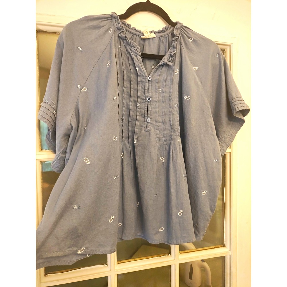 a.n.a. Women XL Blue Cotton Linen Blouse Embroidered Paisley Boho Pintuck Top